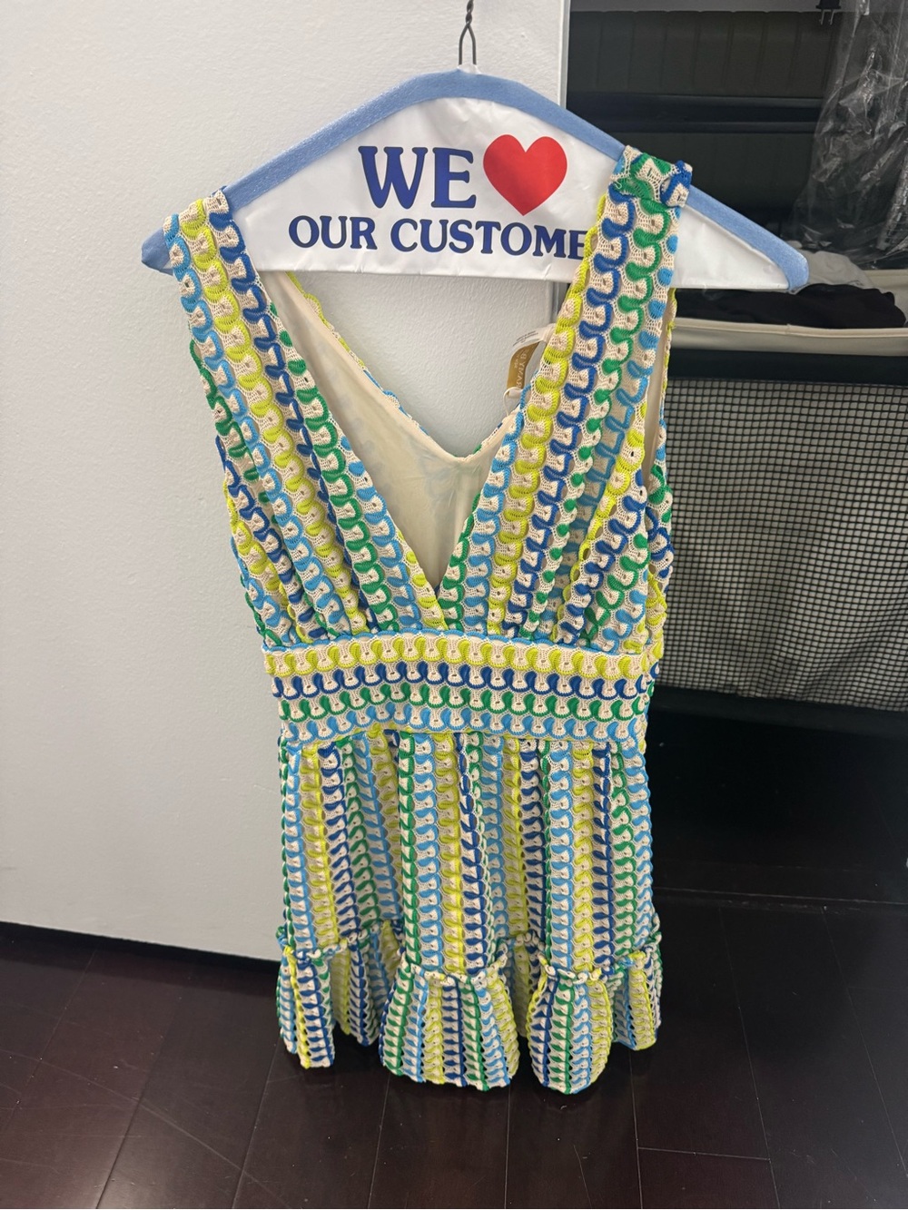 Ramy Brook Crochet Mini Dress in Blue, Green & Yellow